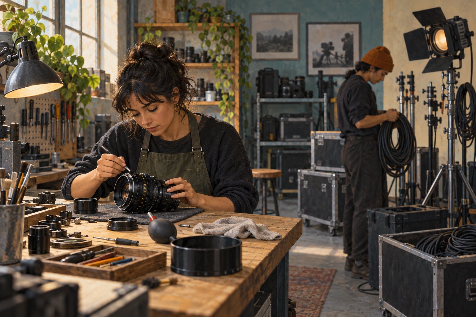 A camera technician services a cinema lens while another crew member coils cables in a film equipment workshop.