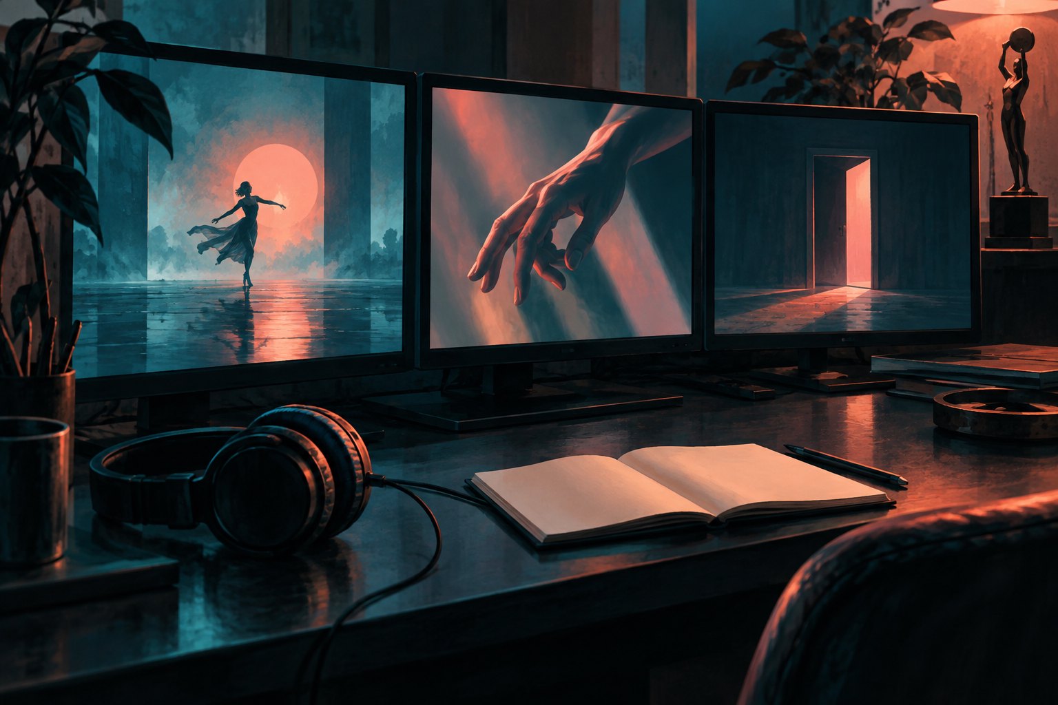 Conceptual illustration of three monitors showing a dancer, a hand, and a doorway above a desk with headphones and a blank notebook.