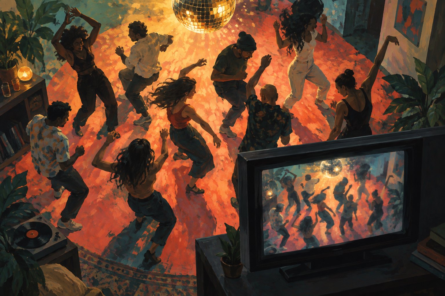 Conceptual illustration of a crowded dance floor echoed on a television screen in the foreground.