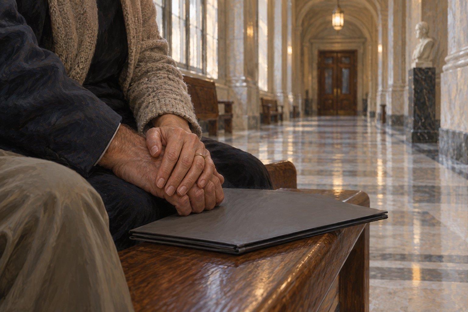 Symbolic illustration of two adults holding hands beside a closed folder on a bench in a civic building corridor.