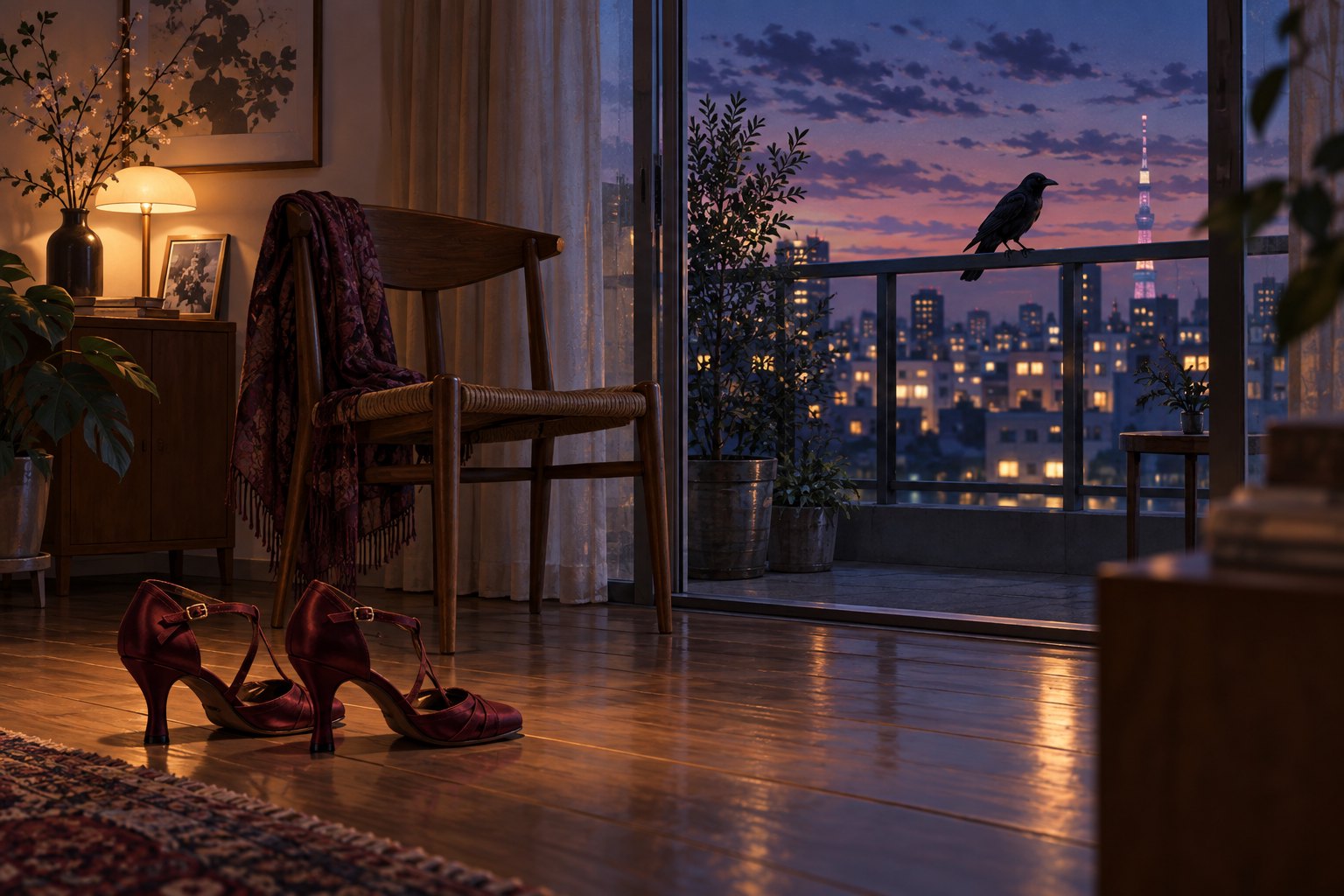 Symbolic editorial illustration of dance shoes beside an empty chair in a twilight apartment, with a crow on the balcony railing.