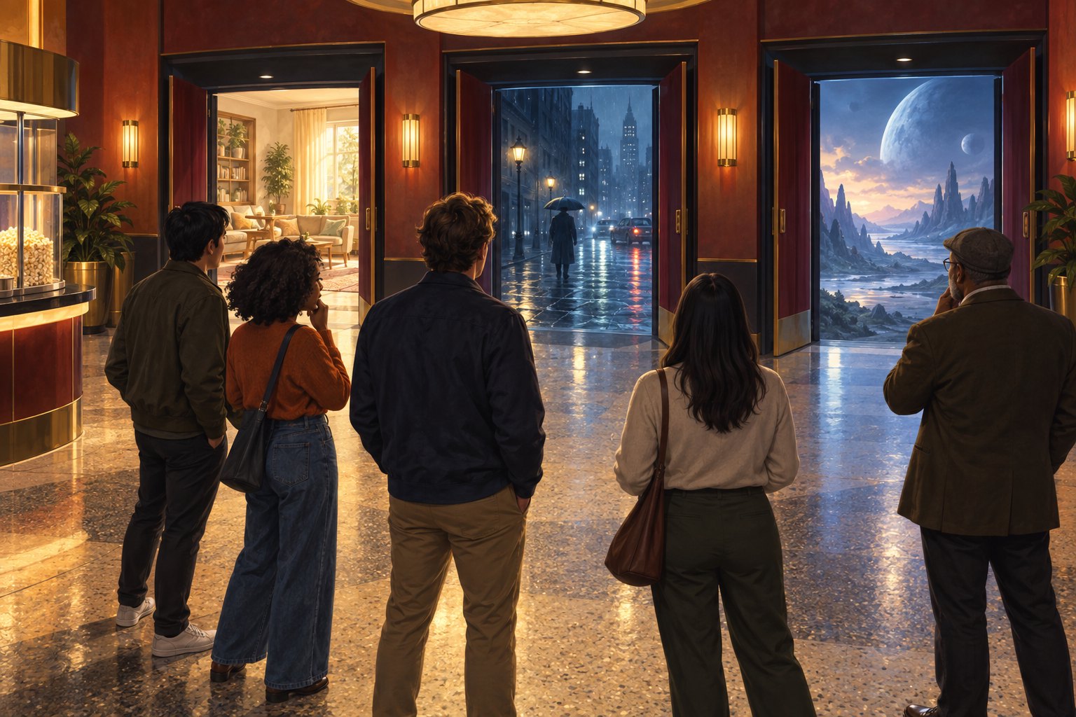 Moviegoers consider three cinema doorways opening onto a domestic interior, a rainy city street, and an imaginary planetary landscape.