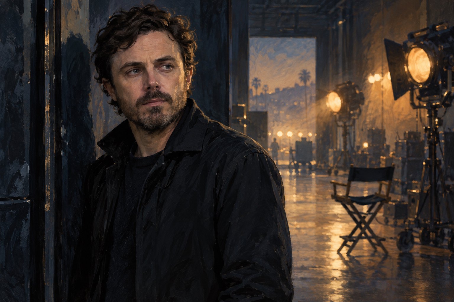Painterly portrait of Casey Affleck beside a dark soundstage entrance, with warm studio lights and an empty director’s chair behind him.