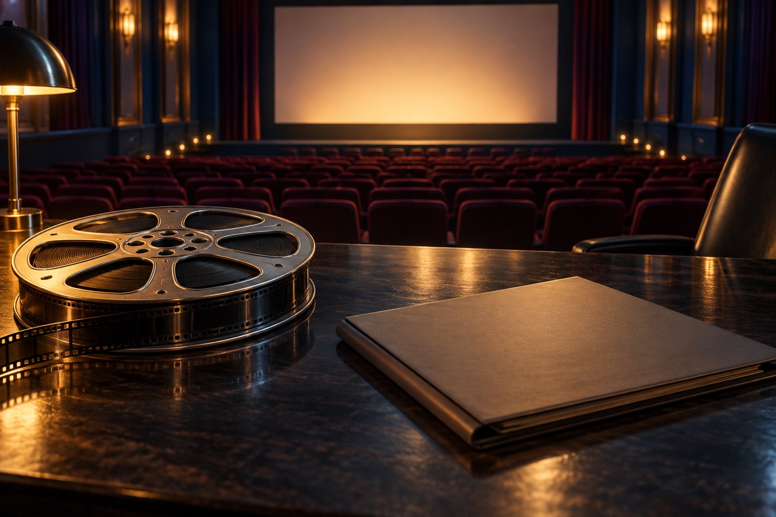 Conceptual illustration of a film reel and an unmarked document folder on a table overlooking an empty movie theater.