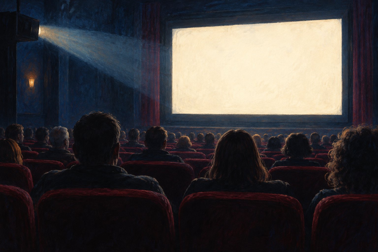 Conceptual illustration of an audience facing a blank illuminated screen inside a dark cinema with burgundy seats.