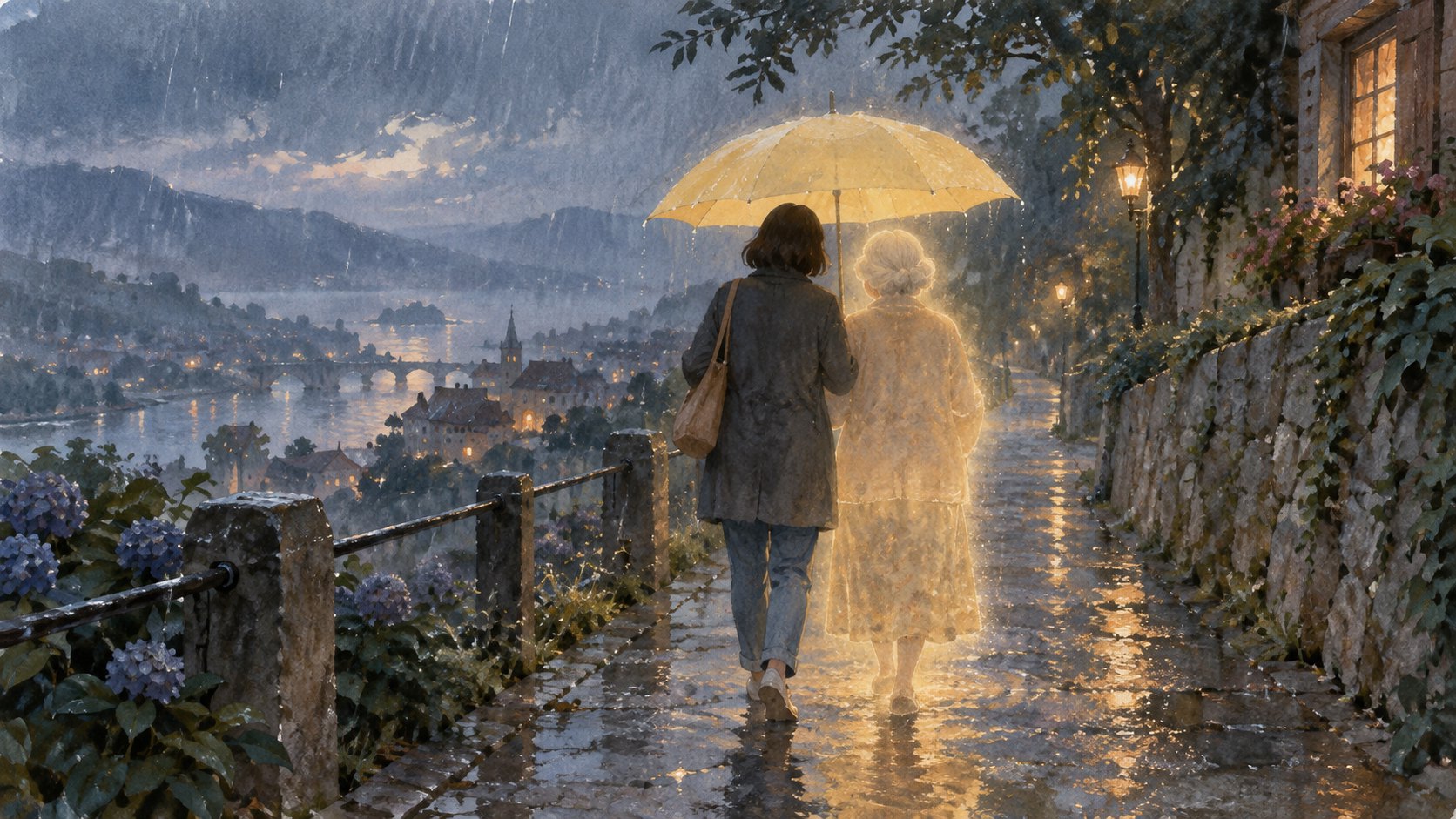 雨中行人與象徵奶奶回憶的發光身影共撐黃傘,呈現思念與守護的概念插畫