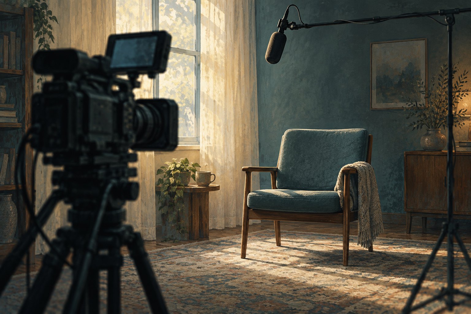 Conceptual illustration of a documentary camera facing an empty interview chair beside a softly lit window.