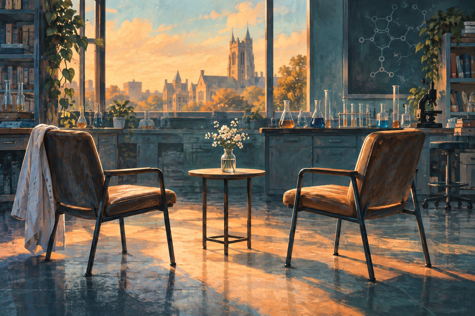 Conceptual illustration of two empty chairs facing a flower vase in a sunlit university laboratory.