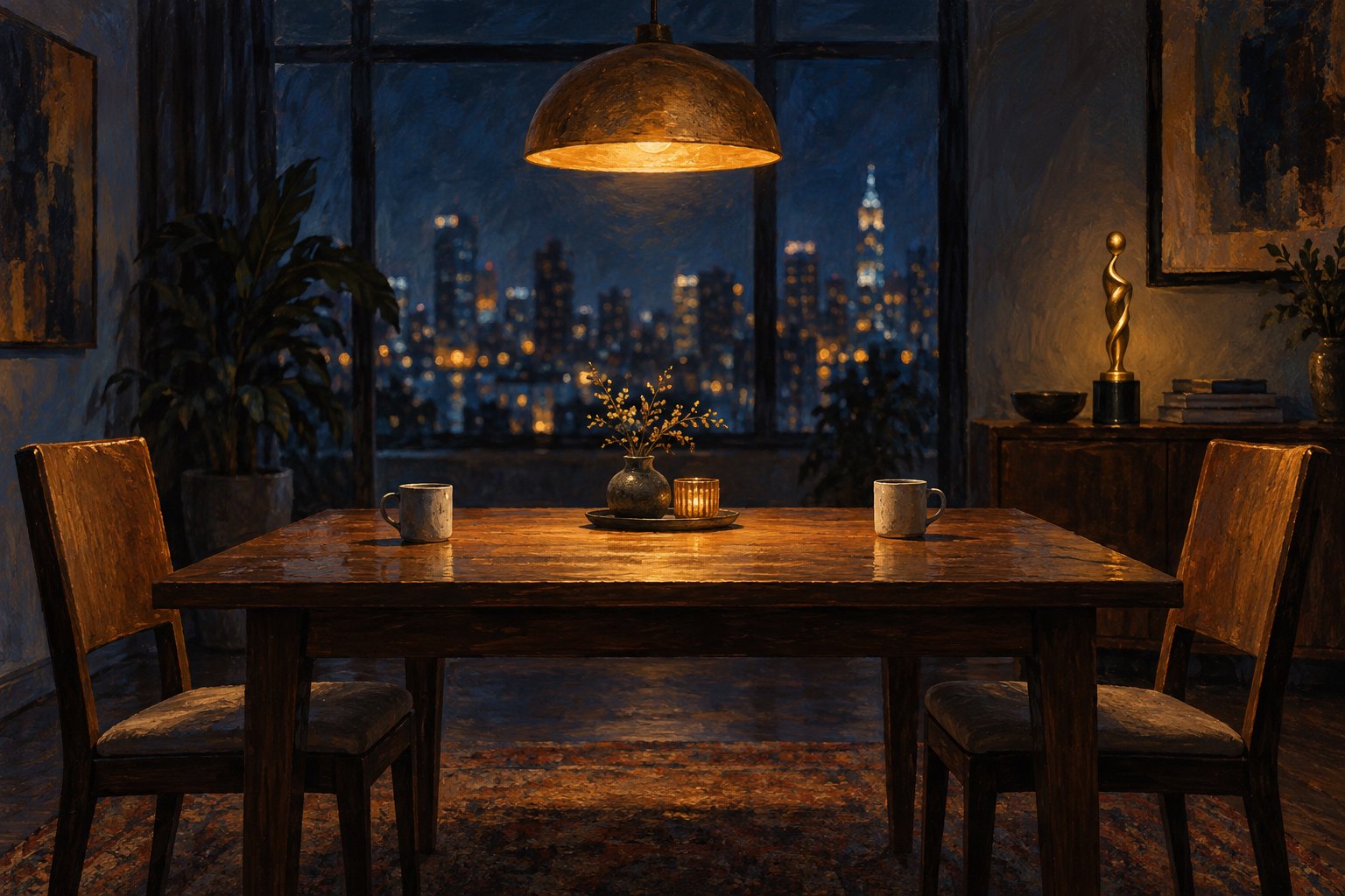 Symbolic painting of two empty chairs and separated cups at a dining table, with a golden award on a sideboard.