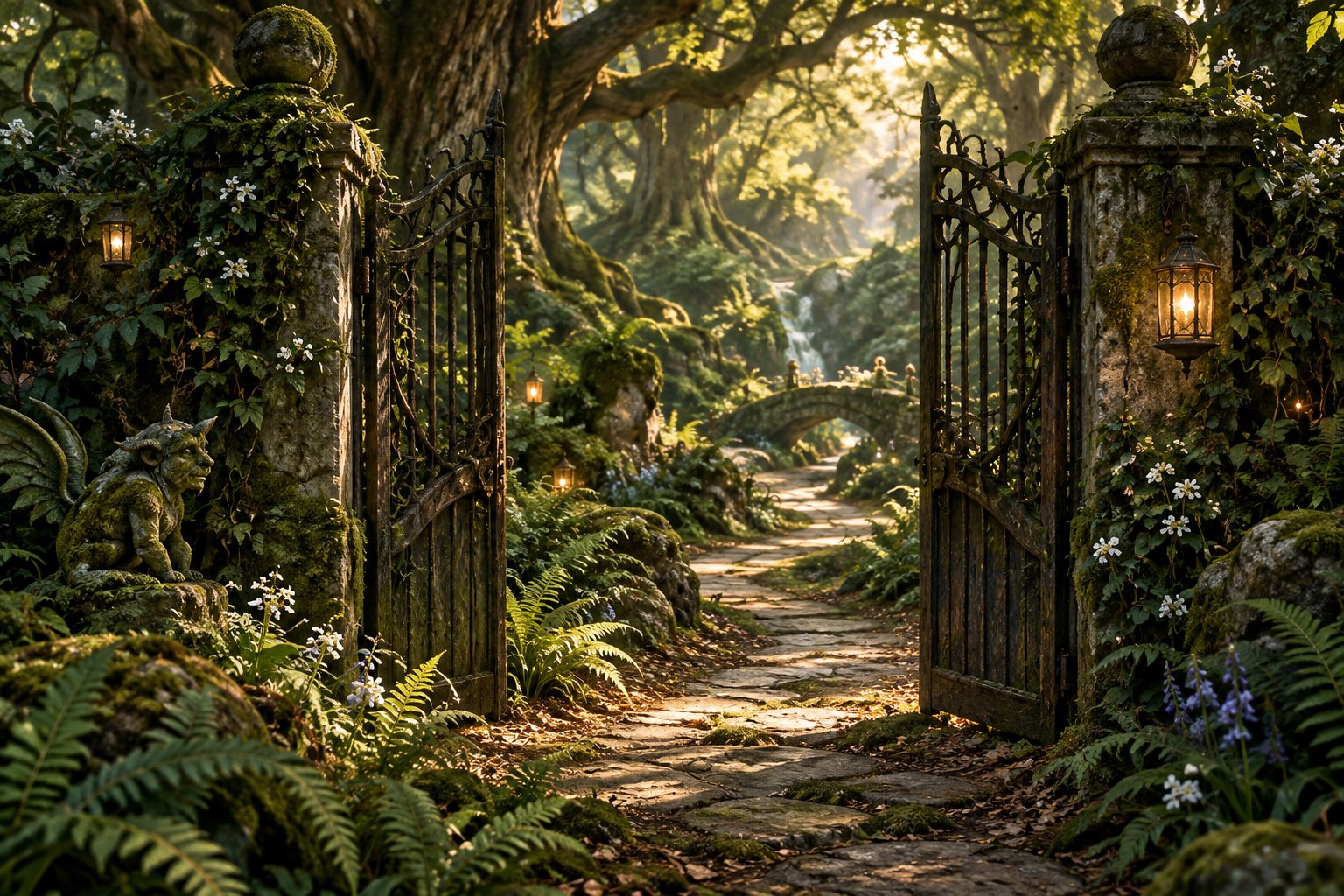 Concept illustration of an open woodland gate leading into a mysterious garden filled with ferns and warm points of light.