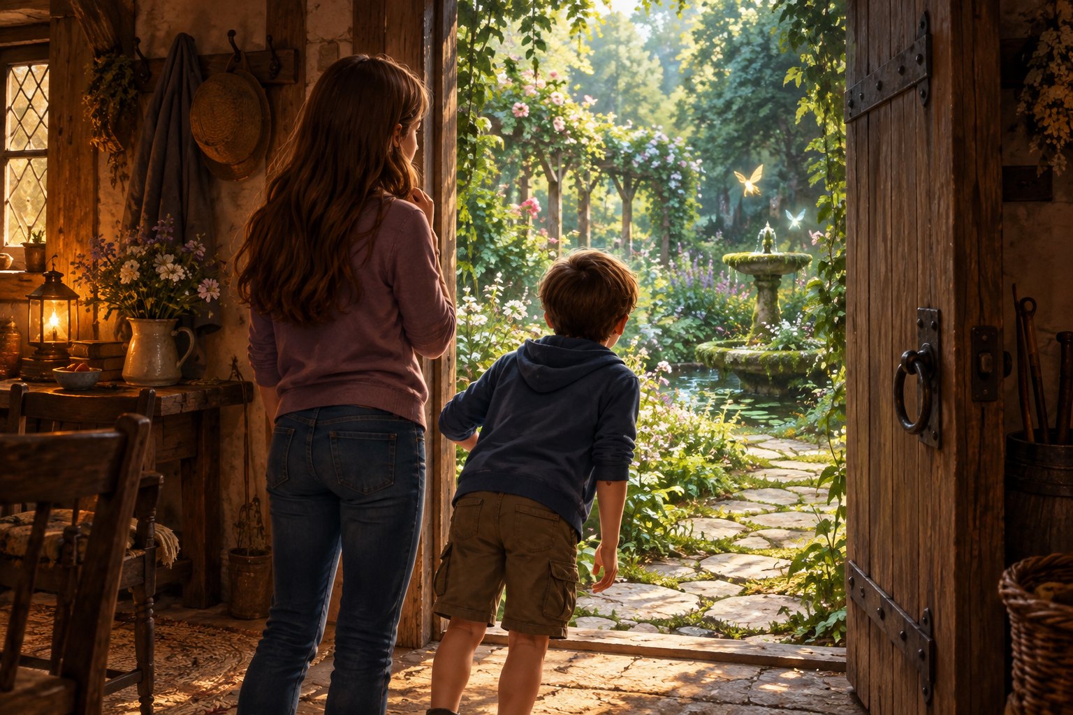 Concept illustration of two young siblings looking from a rustic cottage doorway into a sunlit garden with glowing fairy-like figures.