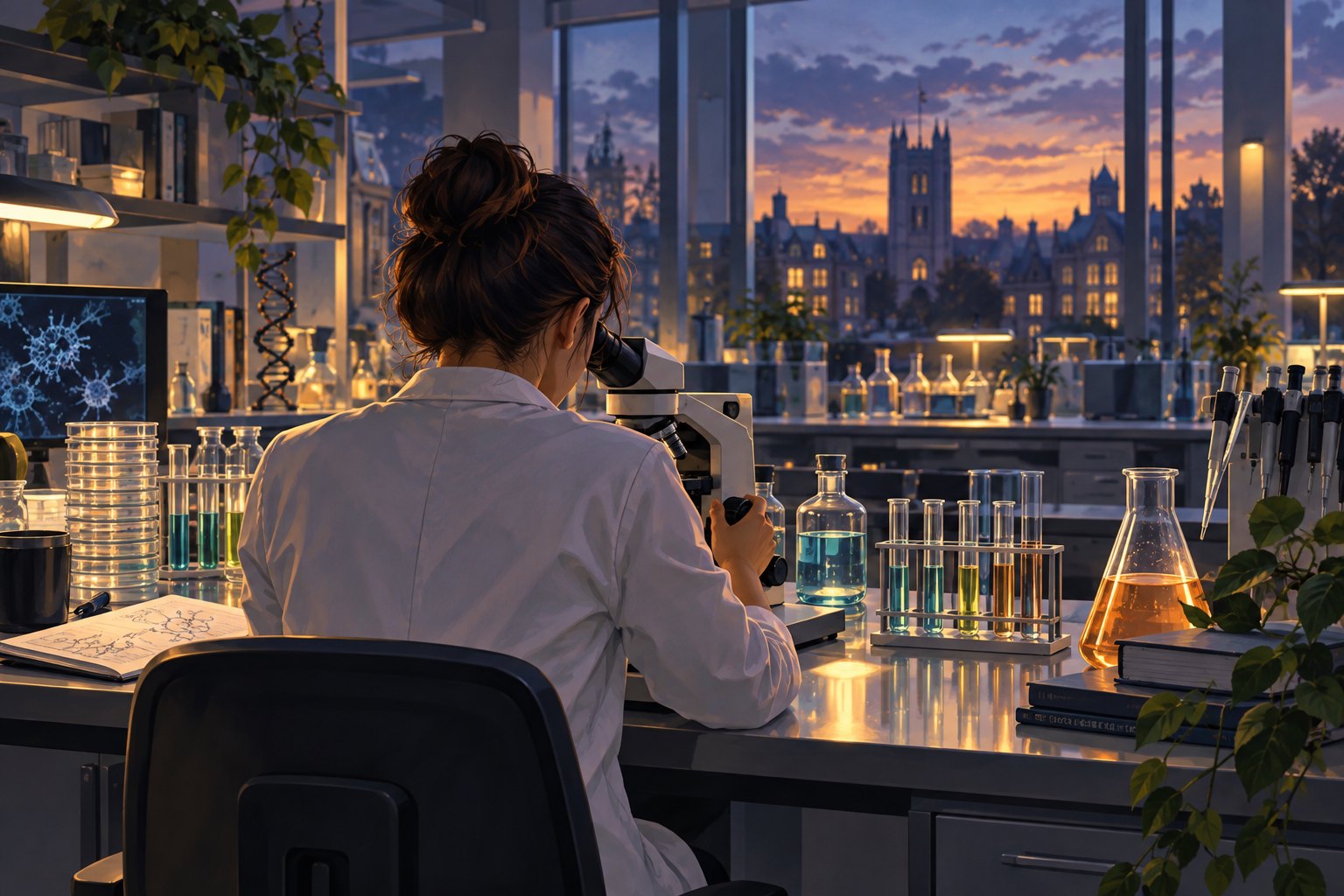 Conceptual illustration of a woman researcher looking through a microscope in a university laboratory at dusk.