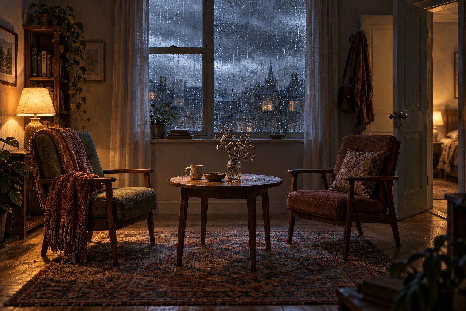 Conceptual illustration of two empty chairs facing a small table beside a rain-streaked apartment window.