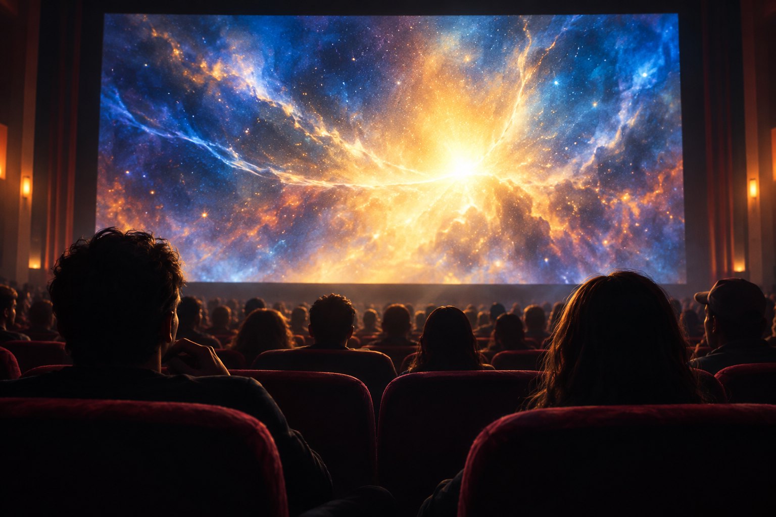 Audience silhouettes in a movie theater face a luminous screen filled with blue and amber cosmic light.