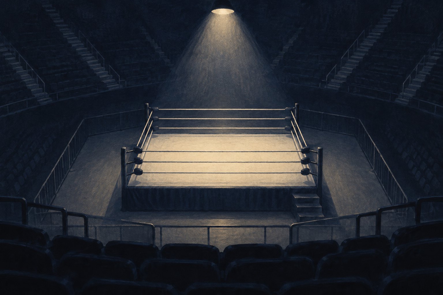 Conceptual illustration of an empty wrestling ring illuminated in a dark arena.