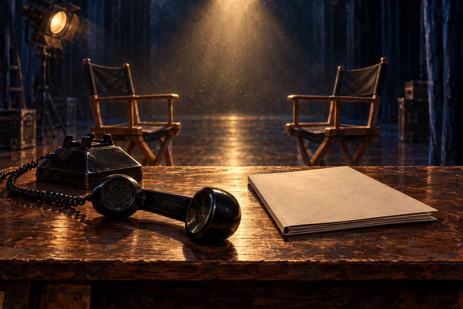 Conceptual illustration of a black telephone and blank screenplay folder on a wooden table, with two empty chairs under a stage spotlight.
