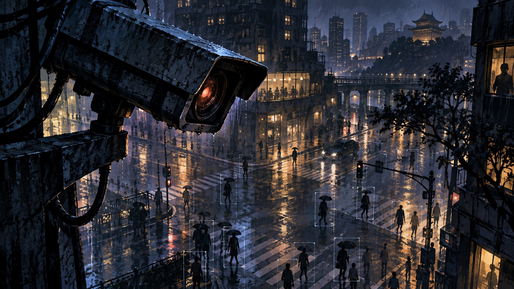 原創概念插畫:監視器俯瞰雨夜街口,行人身旁浮現象徵追蹤的方框