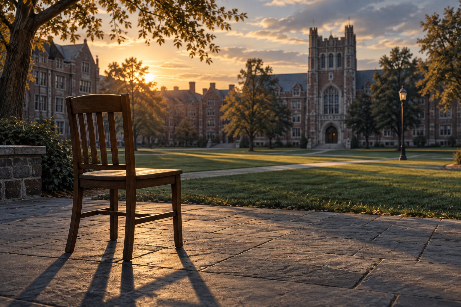 Symbolic illustration of an empty wooden chair overlooking a quiet college quadrangle at sunset.