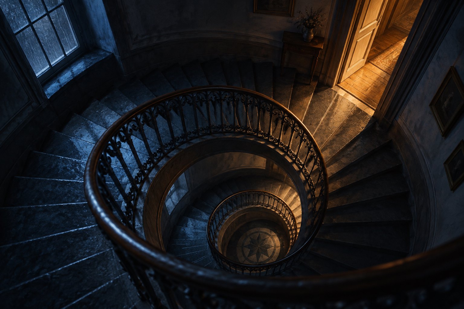 Conceptual illustration of a spiral staircase descending through blue shadows beside a warmly lit doorway.