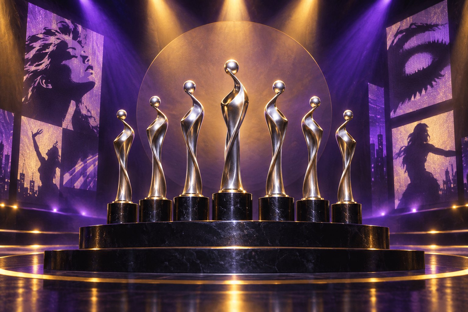 Conceptual illustration of seven metallic award statuettes on a pedestal beneath purple and gold stage lights.