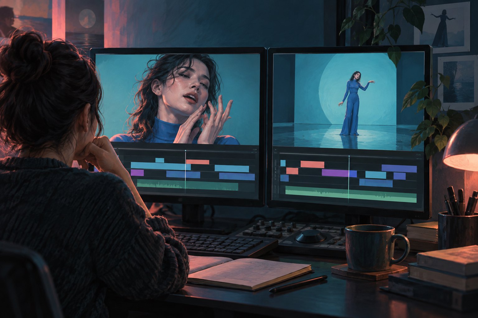 Conceptual illustration of an editor comparing a fictional singer’s close-up and full-body performance on two screens.