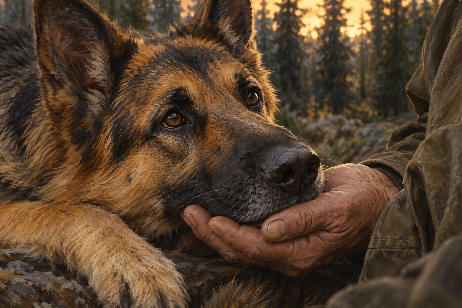 Original thematic illustration of a German shepherd resting its muzzle in a man's open hand against a softly lit forest.