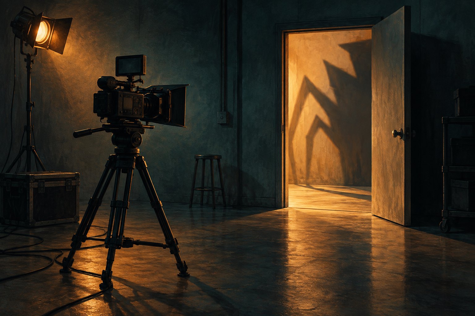 Conceptual illustration of a cinema camera facing an open doorway with an angular shadow in an amber-lit studio.
