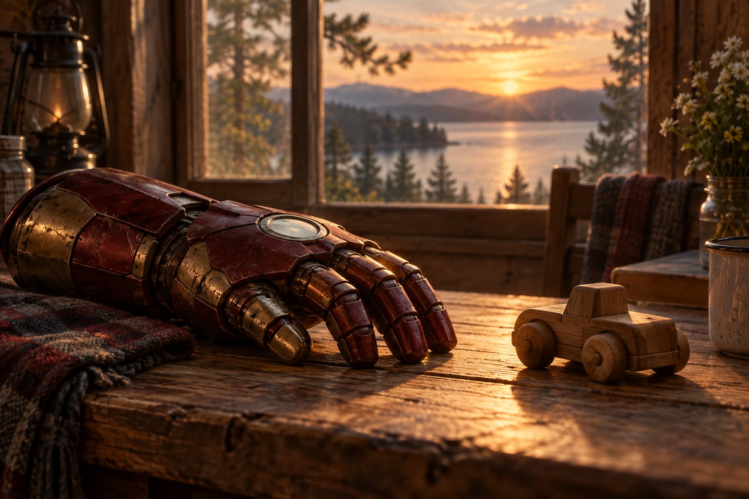 Symbolic illustration of a red and gold armored glove beside a wooden toy truck in a sunlit lakeside cabin.