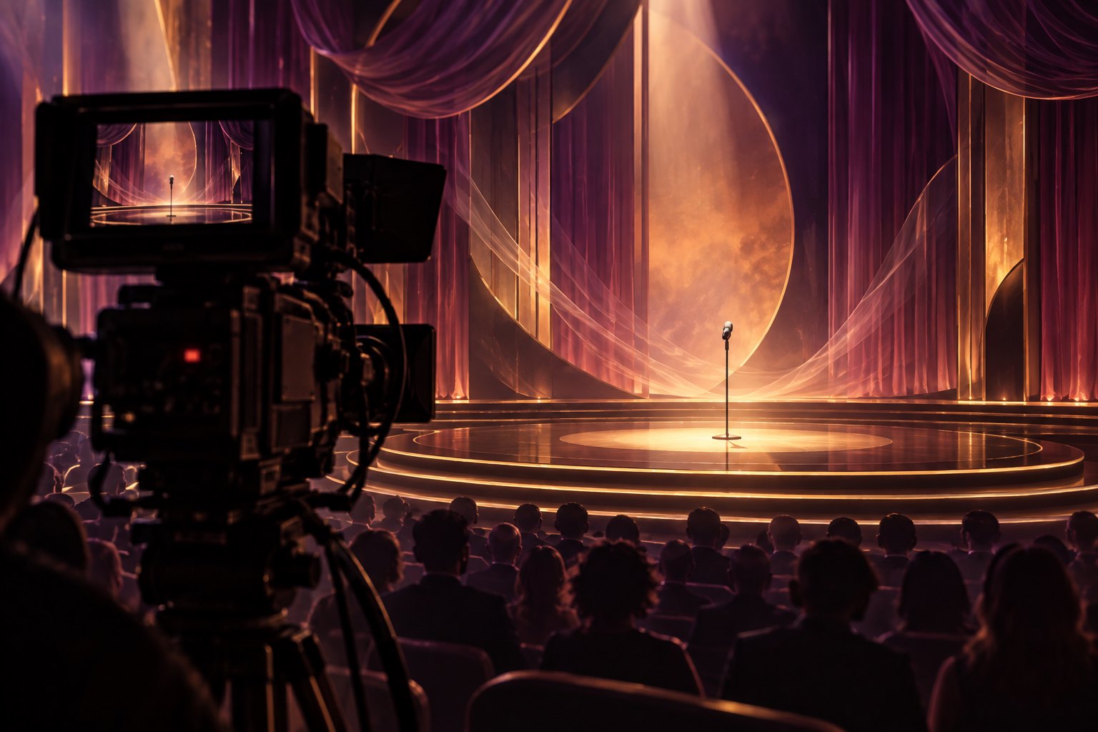 Conceptual illustration of a television camera facing an empty awards stage illuminated in amber and purple.