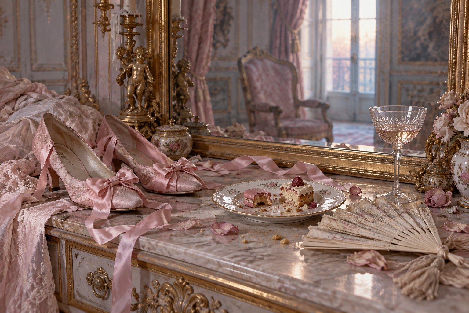 Original still-life illustration of pink court shoes, unfinished cakes, a fan, and a crystal glass beside a palace mirror.