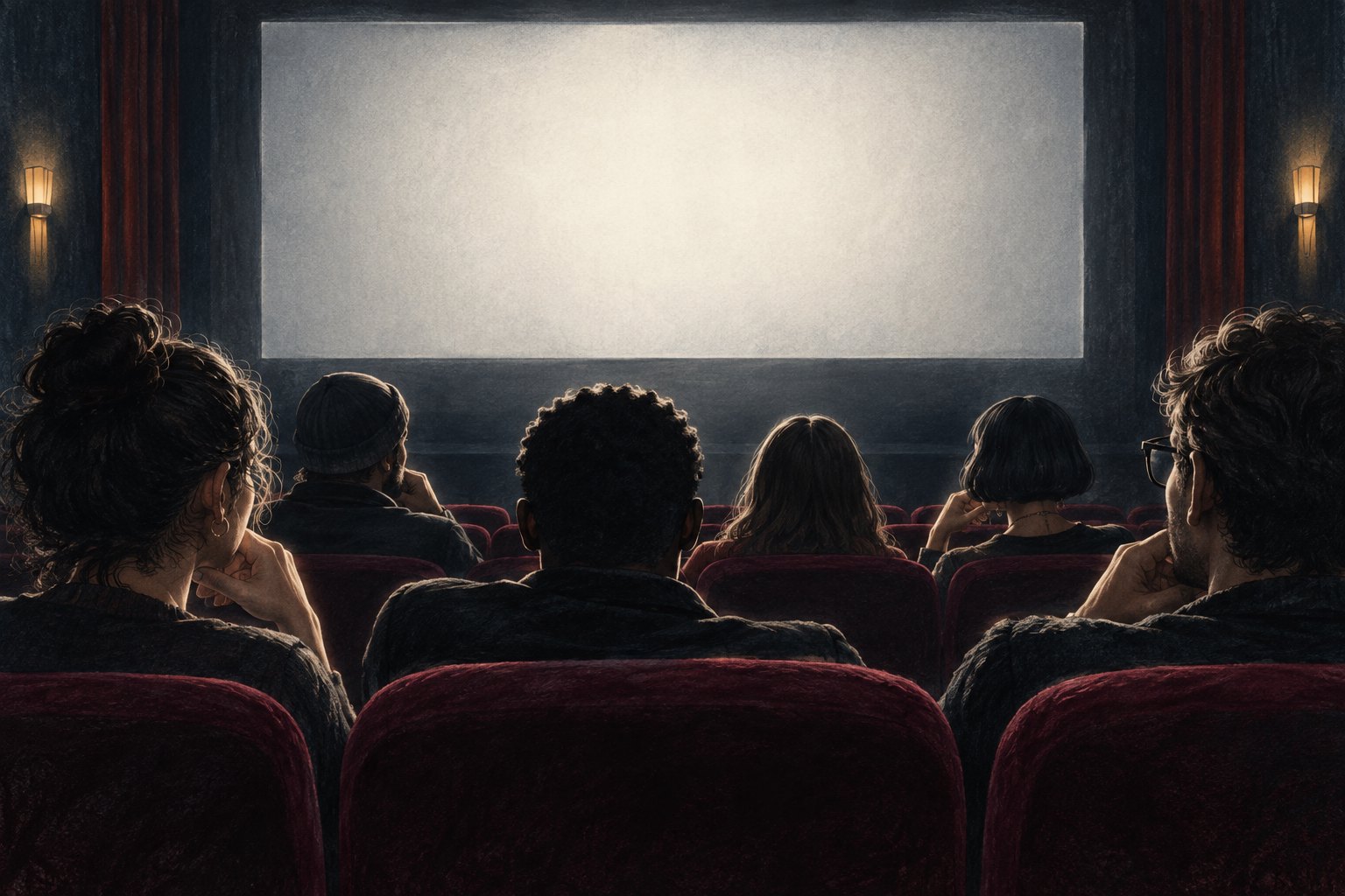 Painterly illustration of moviegoers seated in burgundy theater chairs facing a luminous blank screen.