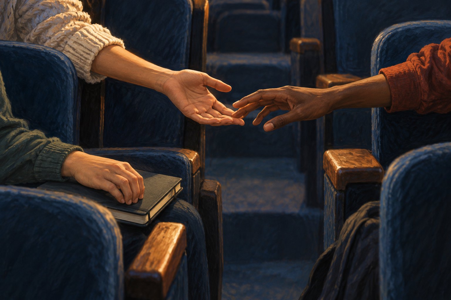 Conceptual illustration of students reaching toward one another across auditorium seats, with a closed notebook nearby.