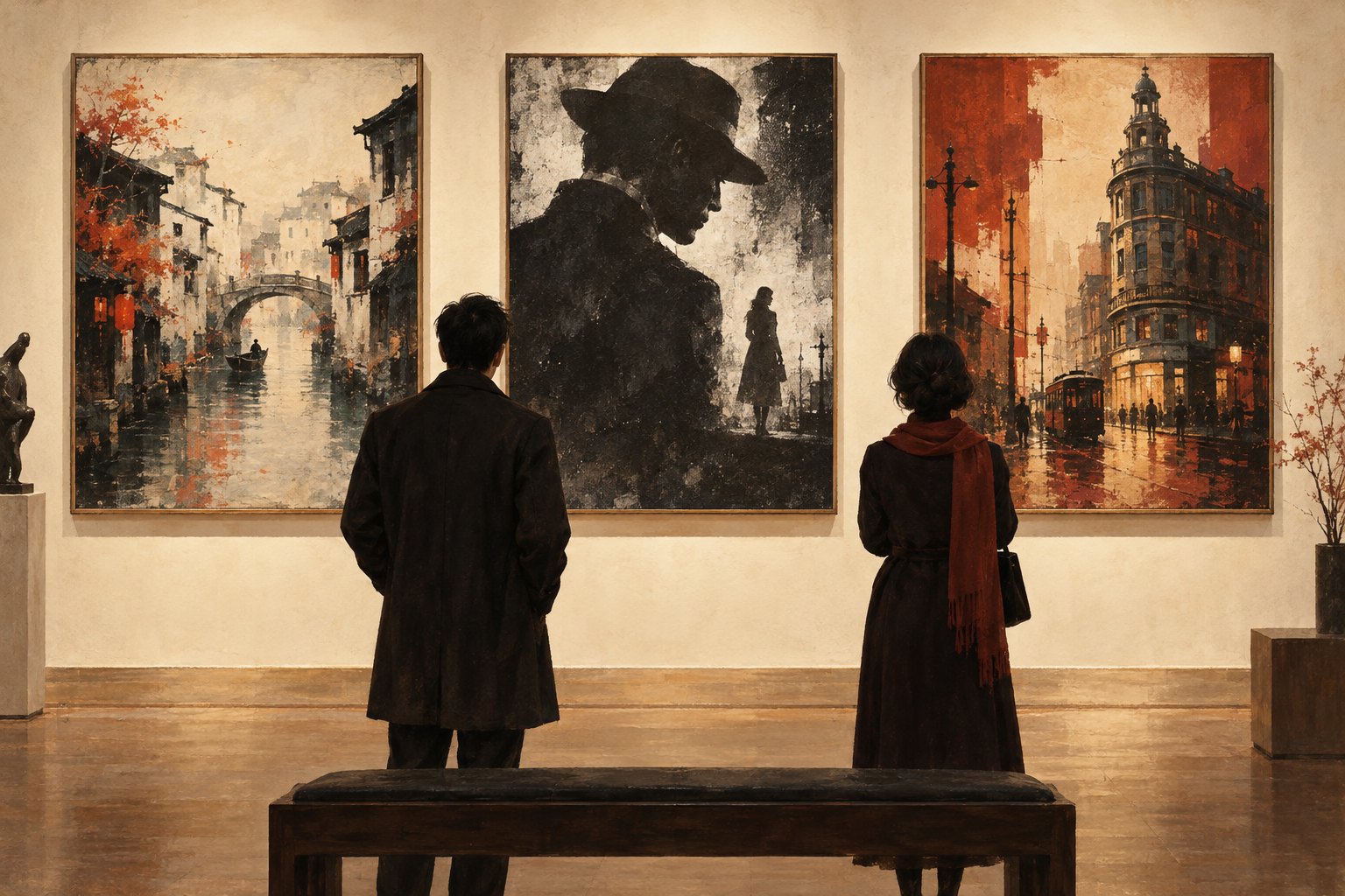 两位观众欣赏以街巷、人物与城市为主题的装框绘画,展厅概念插画,非此次展览实景