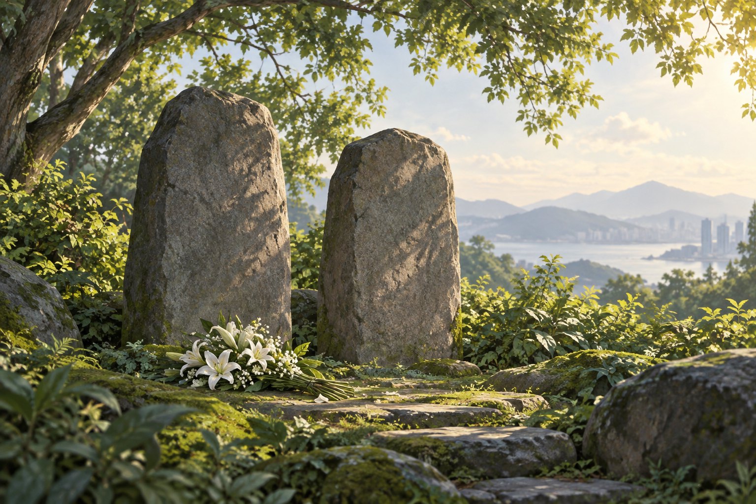 樹蔭下兩座無字石碑相依,前方擺放白花的追思概念插畫,非實際墓園樣貌