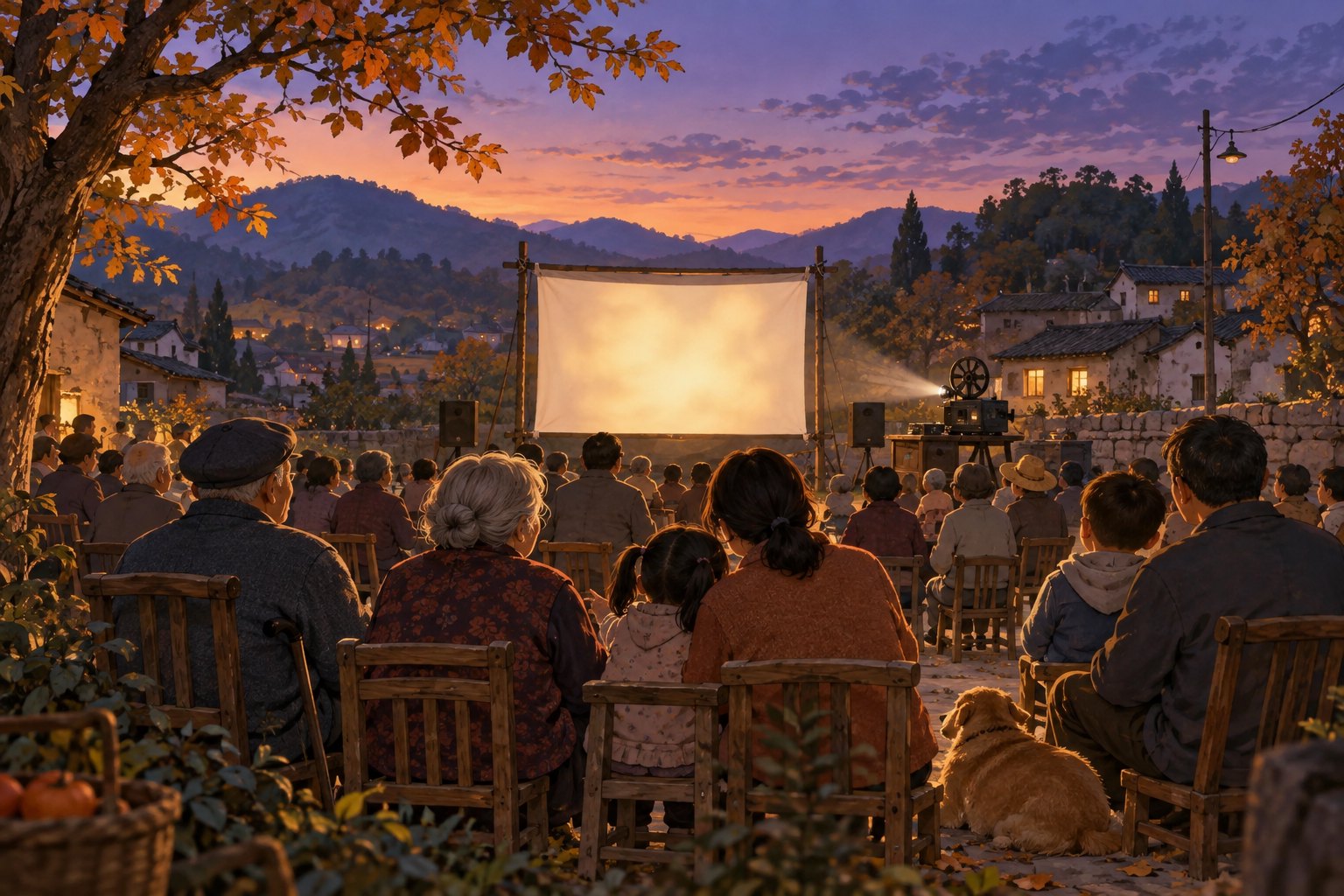秋日暮色里，村民围坐乡村广场等待露天电影开场的情境插画