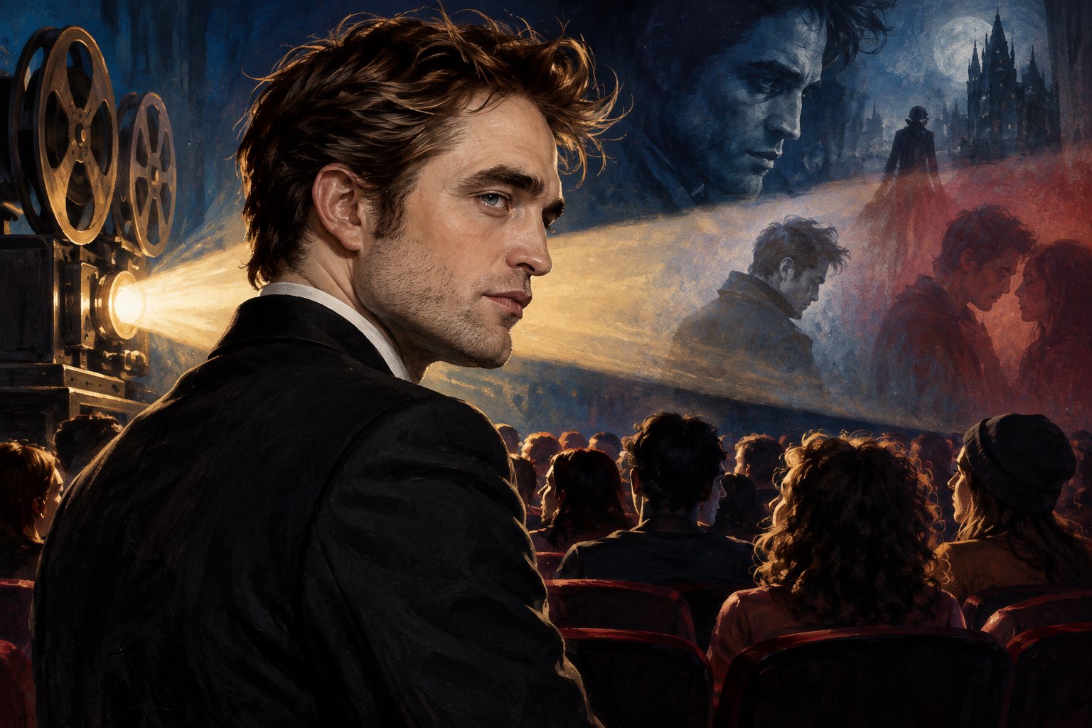 Editorial illustration of Robert Pattinson beside a glowing film projector, with a seated cinema audience below.