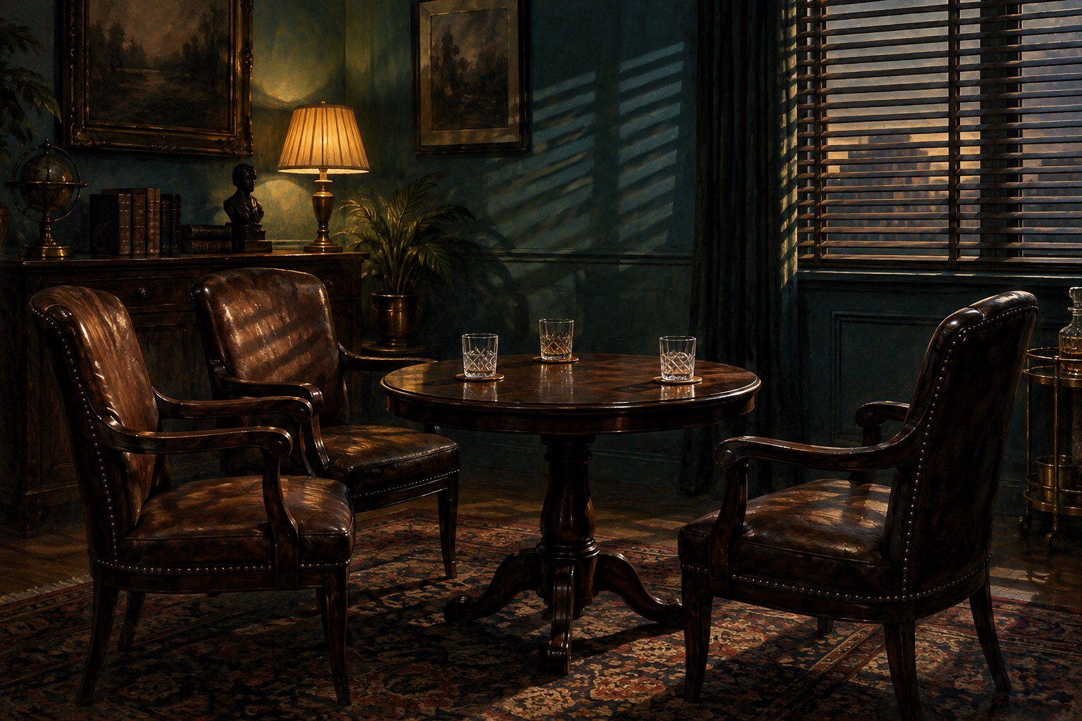Conceptual illustration of three empty leather chairs around a lounge table beneath an amber lamp and window-blind shadows.