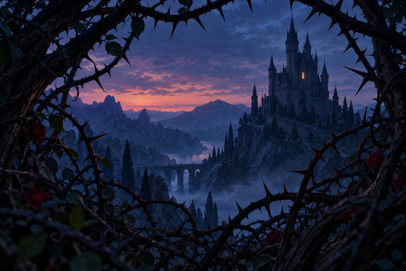Conceptual illustration of a twilight castle with a glowing window framed by thorn branches.