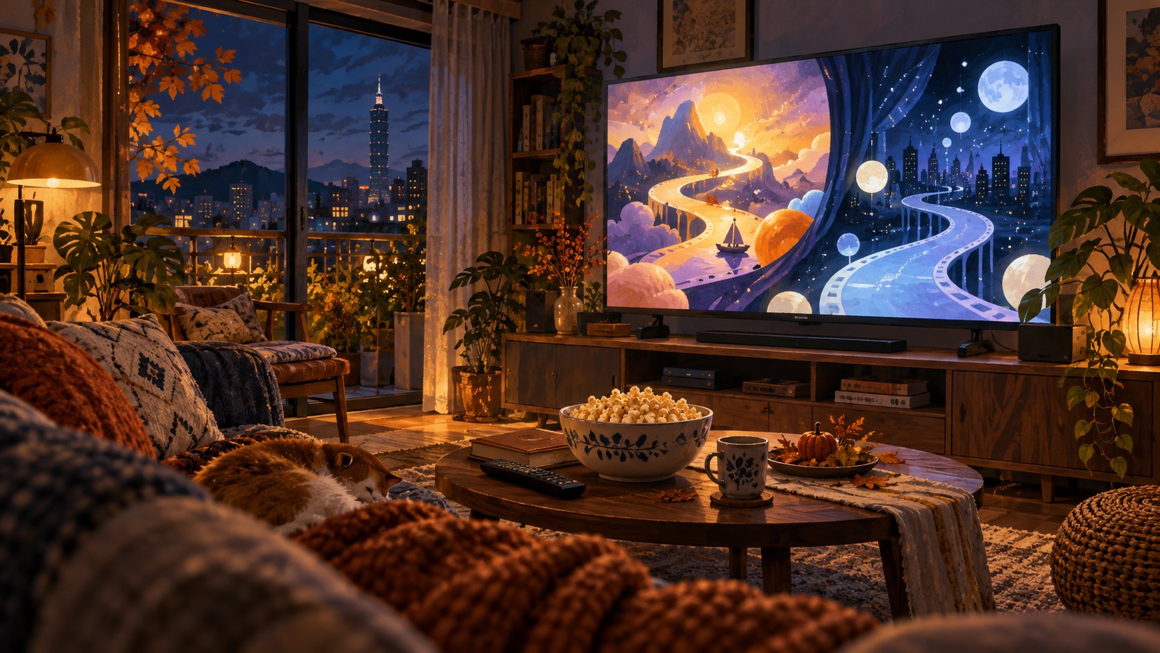 秋夜客廳裡,電視映出奇幻光影,茶幾上的爆米花與遙控器營造居家觀影氣氛的示意插畫