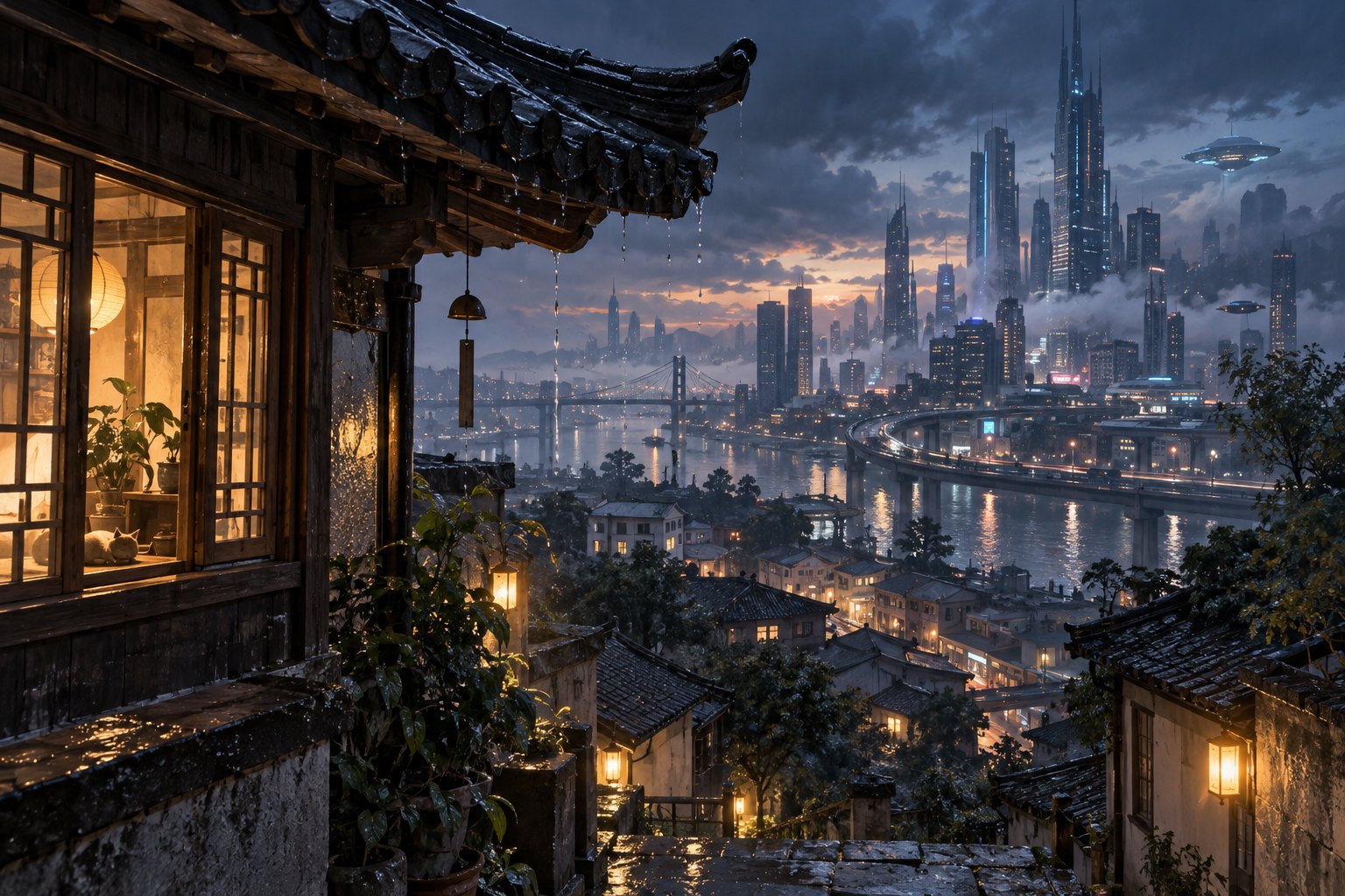 雨夜屋檐与暖色窗光映衬远处的未来城市,原创主题想象插画,非影片剧照