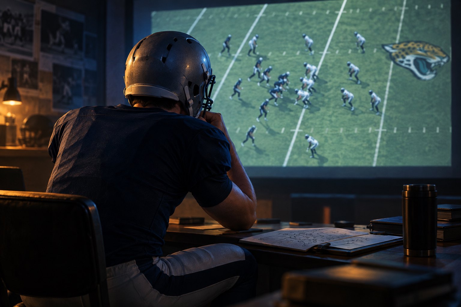 Conceptual illustration of a helmeted football player watching projected game footage in a dark study room.