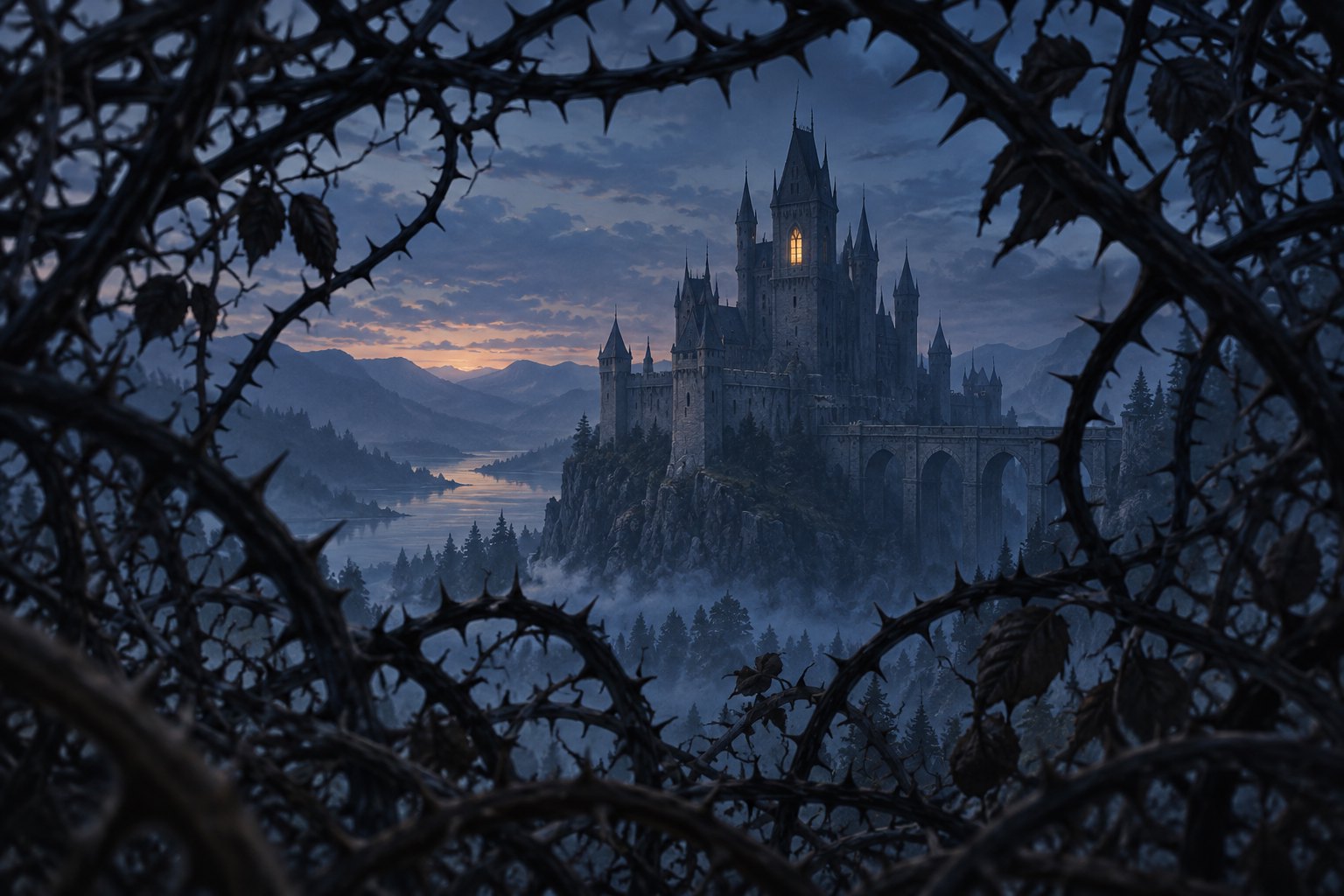 Conceptual illustration of a distant stone castle framed by thorn branches at dusk, with one warmly lit window.