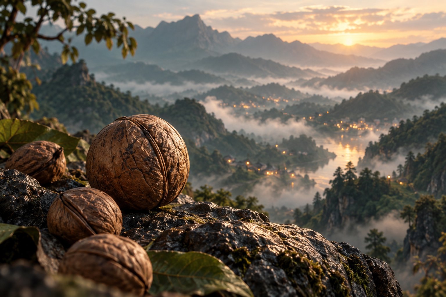 山核桃置于岩石前景,远处山峦与薄雾交叠的原创概念插画,非影片剧照