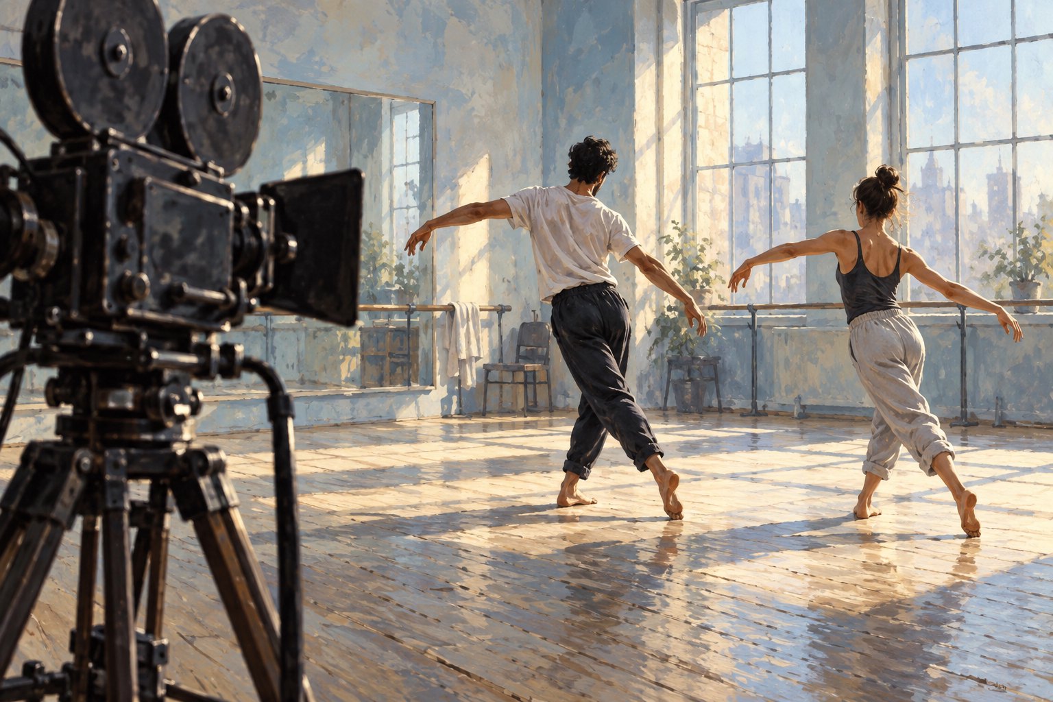Conceptual illustration of two dancers rehearsing in a sunlit studio with a vintage movie camera in the foreground.
