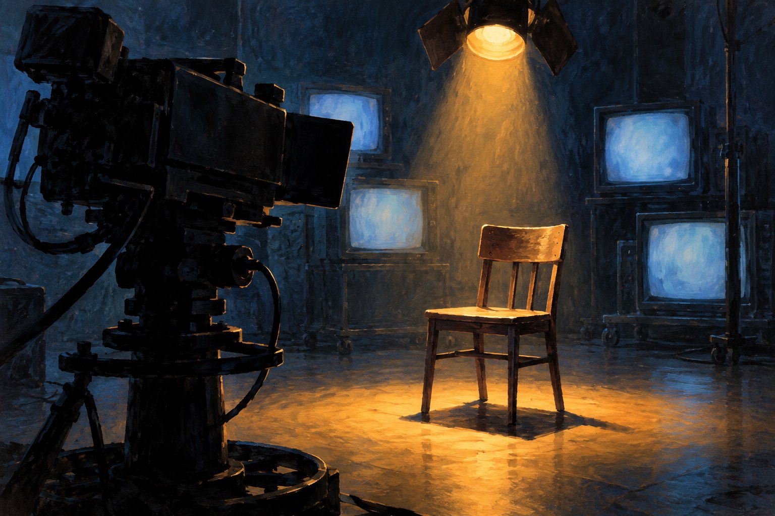 Conceptual illustration of an empty chair under a studio spotlight, watched by a television camera and glowing monitors.
