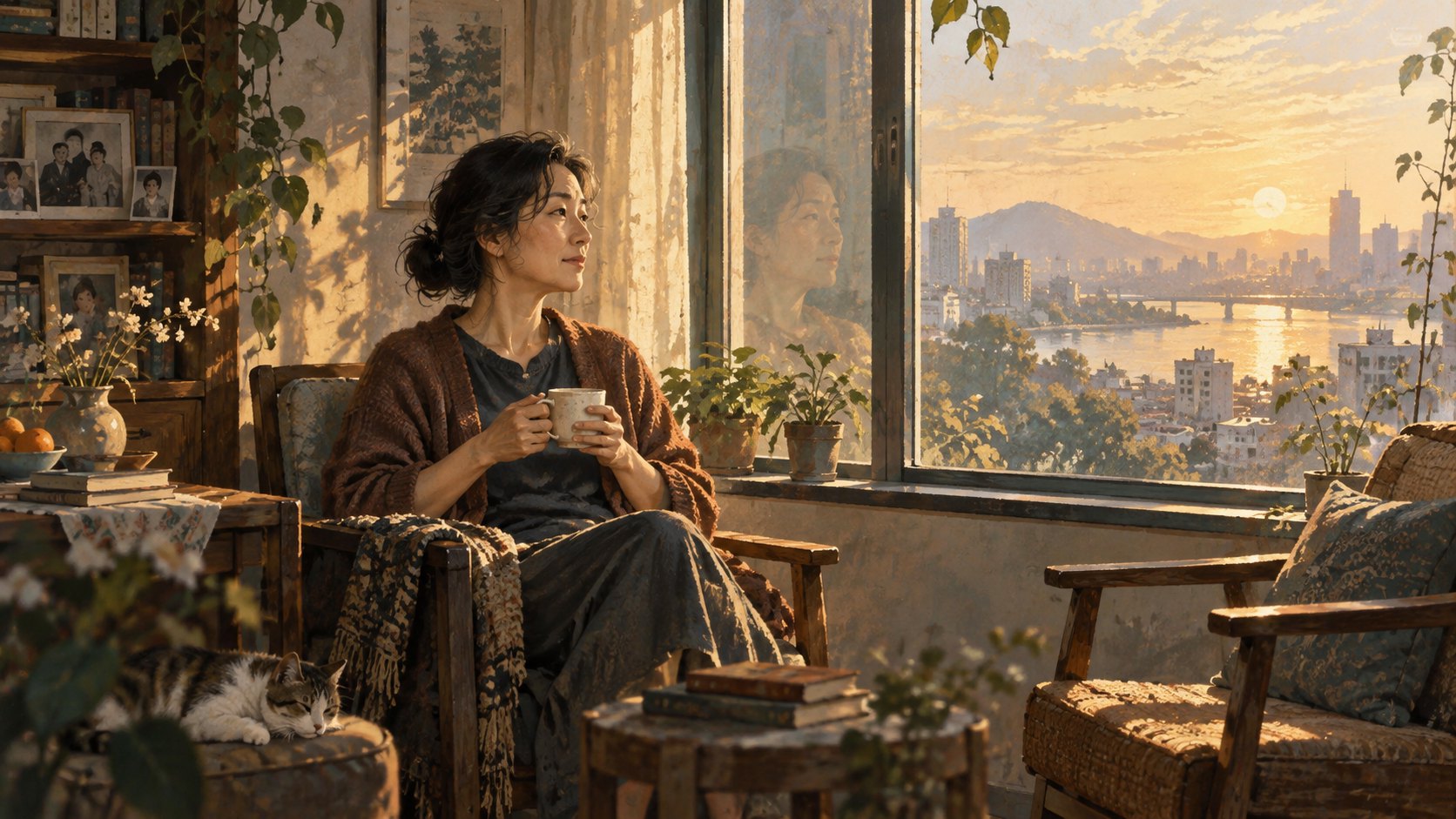 概念插畫:女子捧著陶杯坐在夕陽映照的窗邊,身旁留著一張空椅,非電影劇照