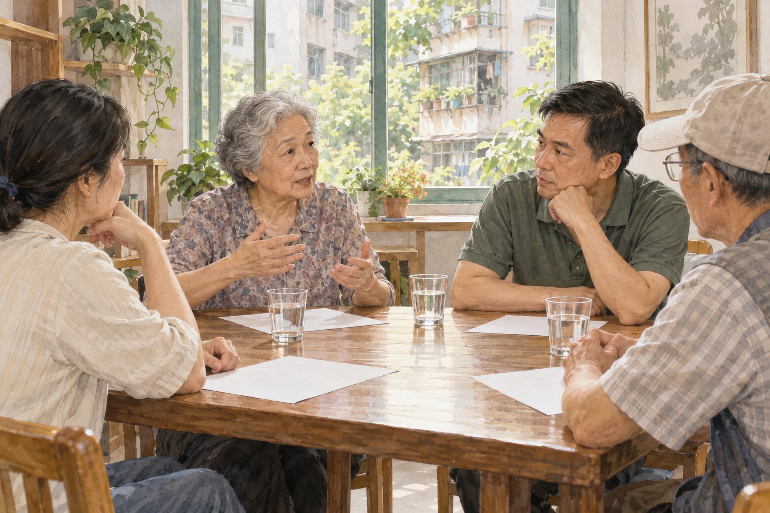 四位街坊围坐木桌交流,银发女性讲述自己的想法,其余人认真倾听,邻里沟通主题插画