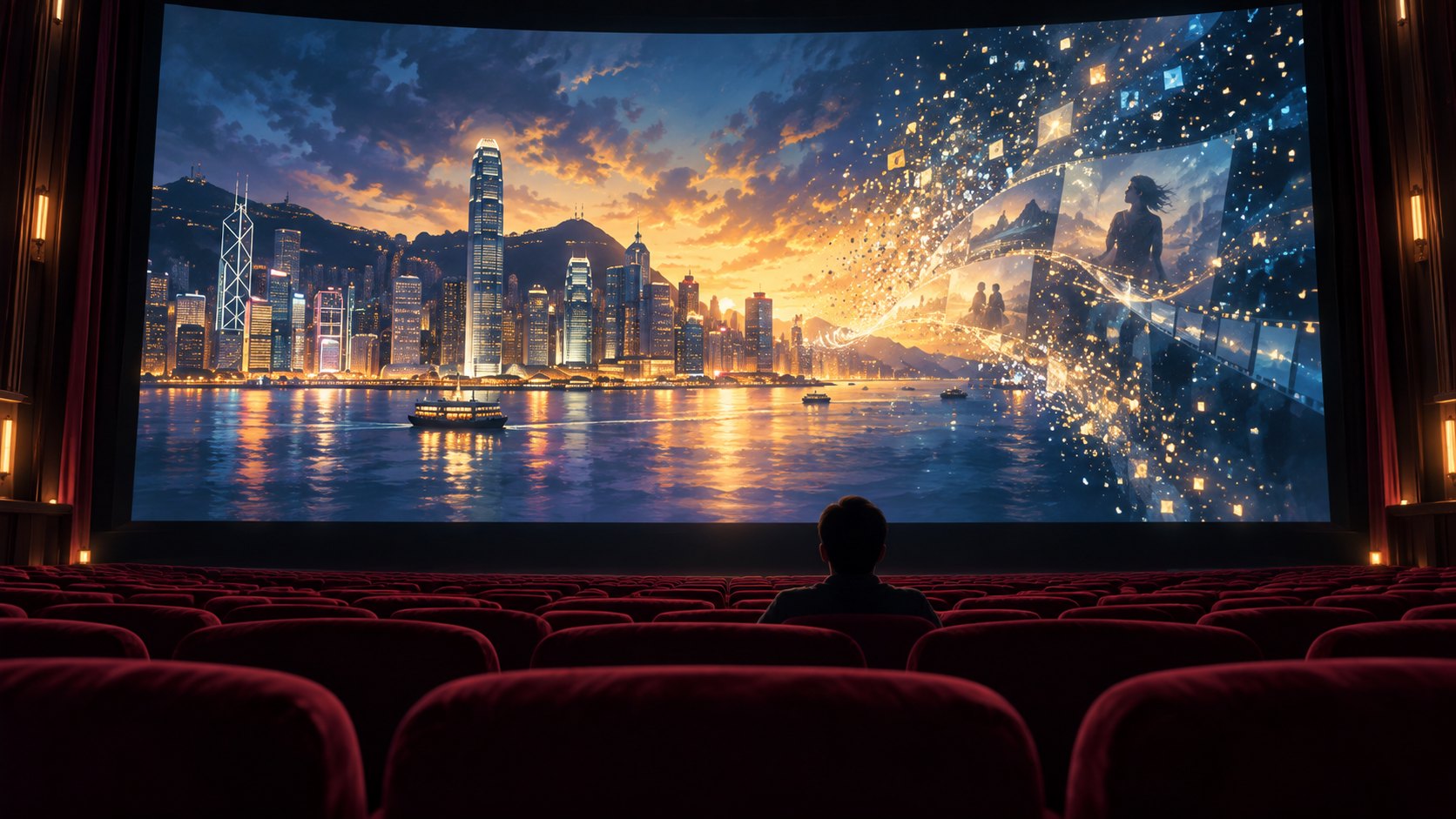 觀眾凝望銀幕上的香港海港與光點交織景象，呈現電影與科技相遇的概念插畫