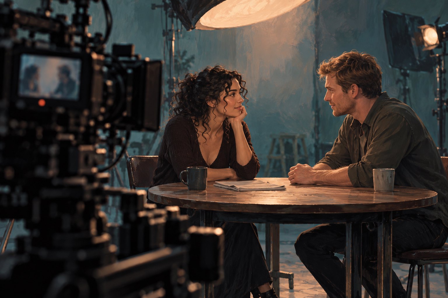 Conceptual illustration of two fictional performers listening to each other across a rehearsal table, with a film camera in the foreground.