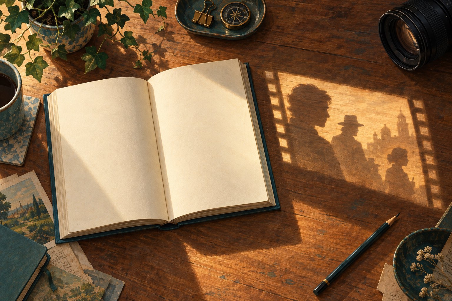 An illustrated open book with blank pages sits beside a camera lens, with cinematic silhouettes stretching across a wooden desk.